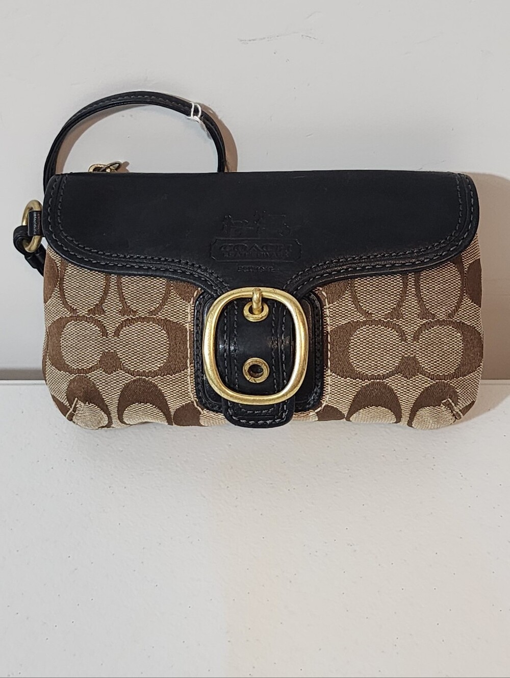 Y2k Coach Brown Signature Canvas Wristlet with Black Leather Trim